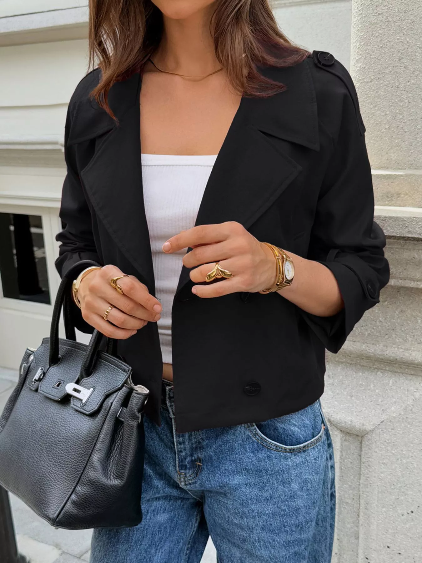 Cropped Double-Breasted Raglan Sleeve Jacket - Image 5