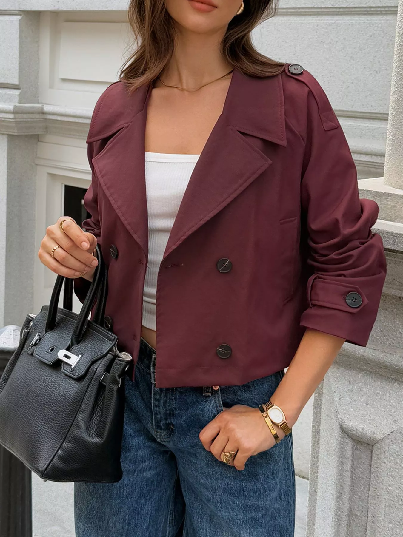 Cropped Double-Breasted Raglan Sleeve Jacket - Image 7