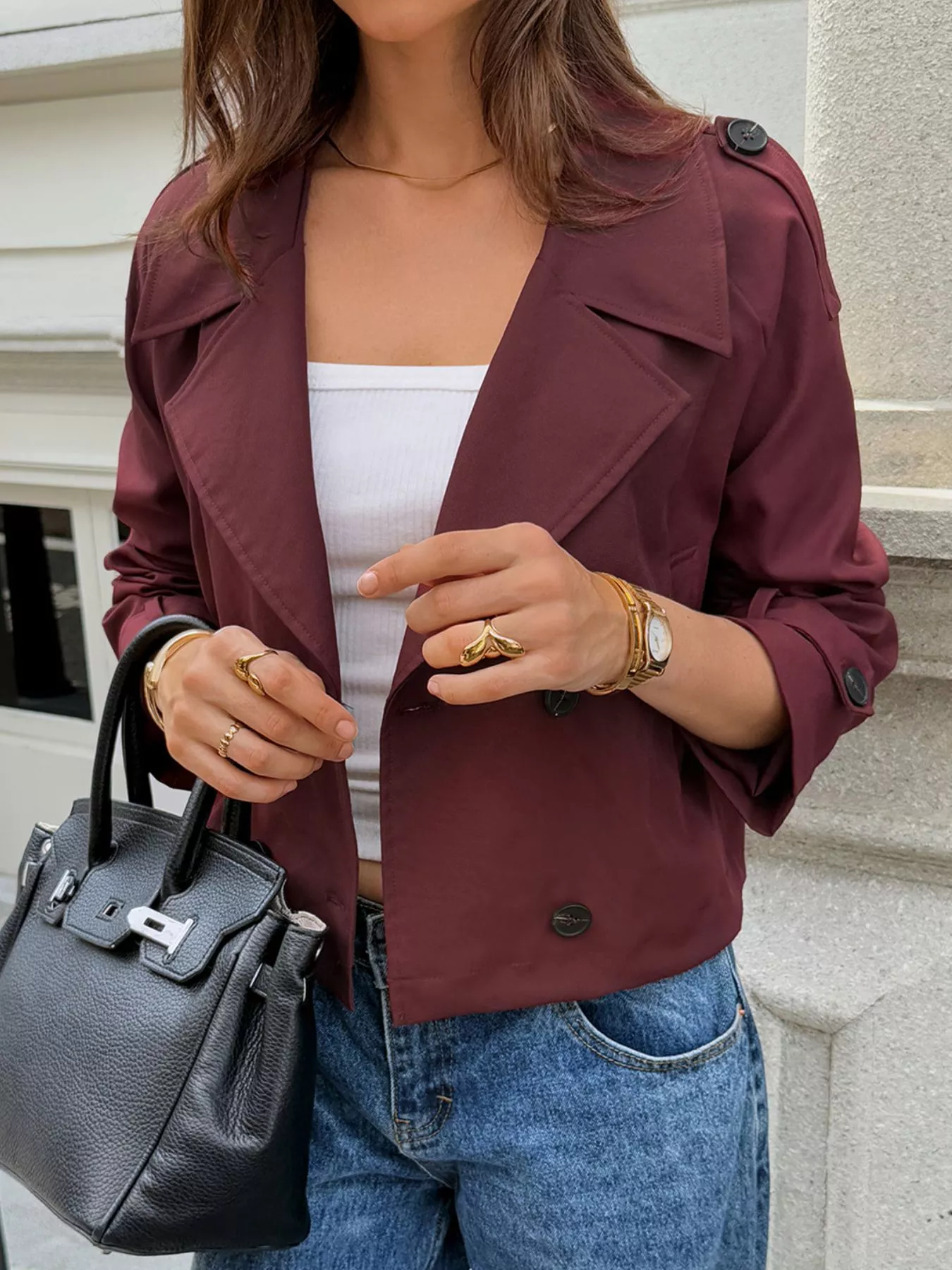 Cropped Double-Breasted Raglan Sleeve Jacket - Image 8