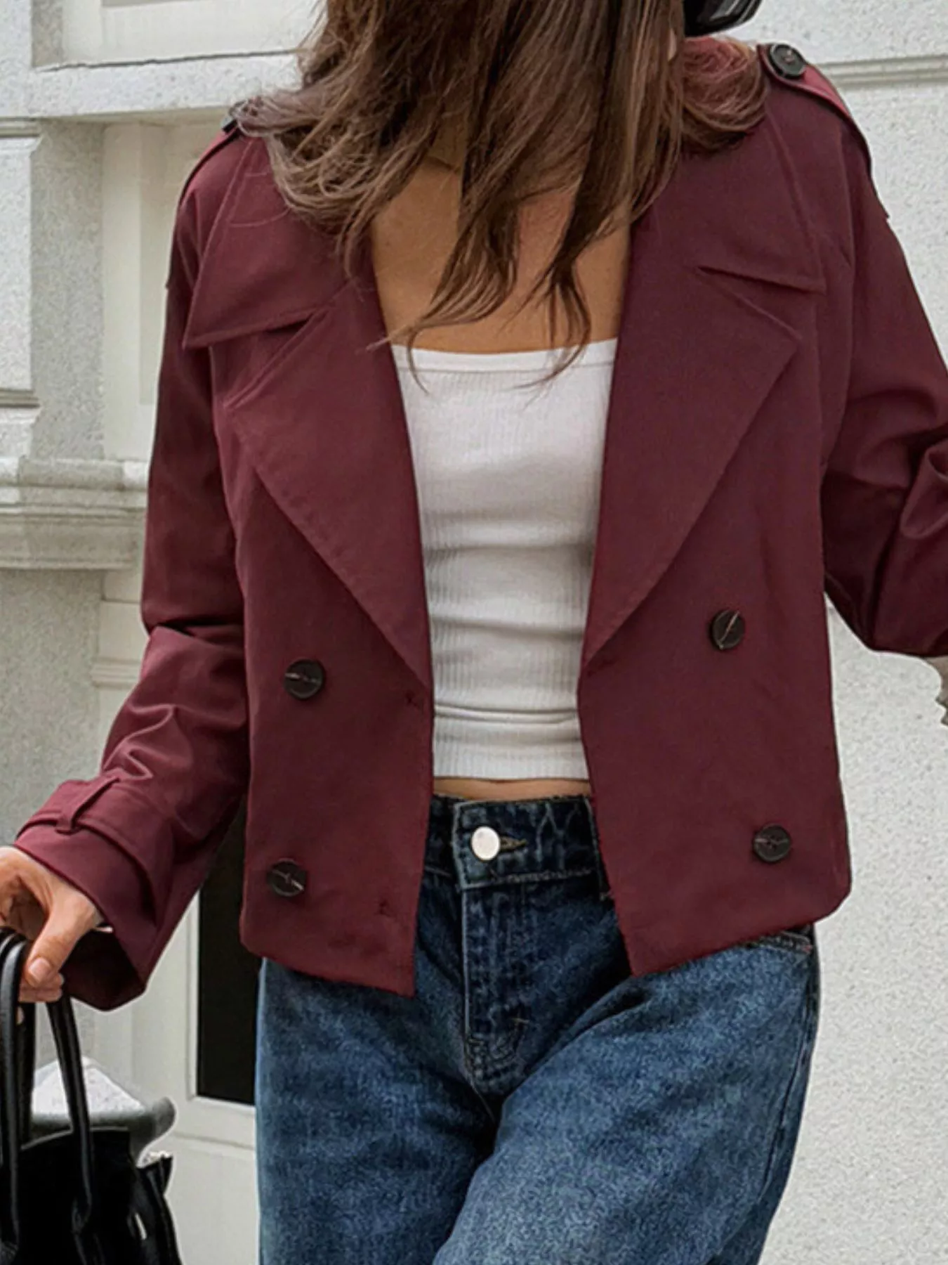 Cropped Double-Breasted Raglan Sleeve Jacket - Image 9