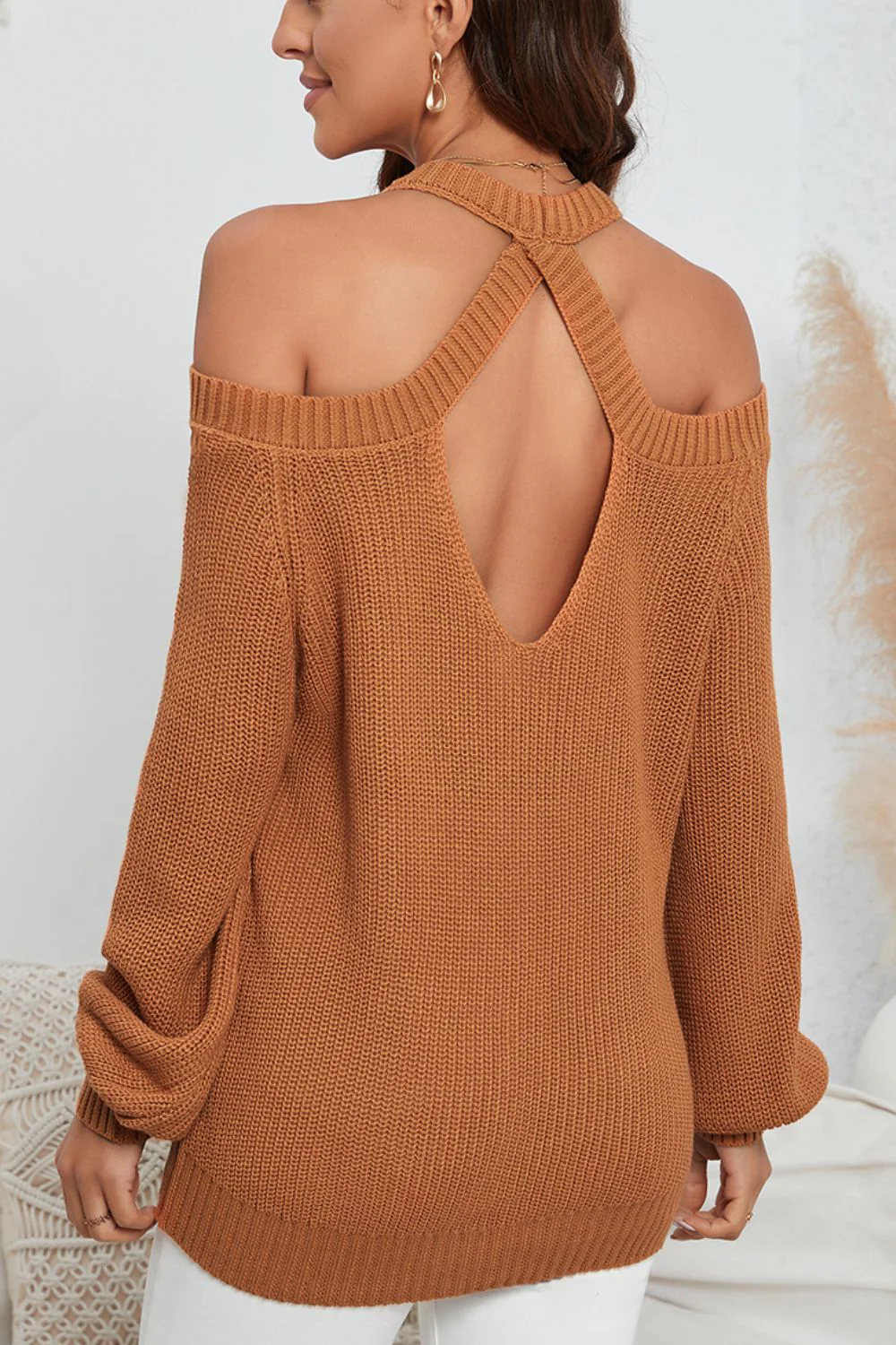 Cutout Back Cold Shoulder Long Sleeve Sweater - Image 2