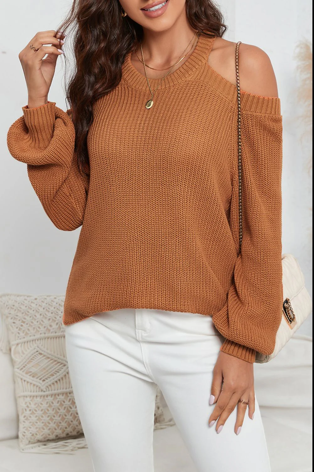 Cutout Back Cold Shoulder Long Sleeve Sweater - Image 3