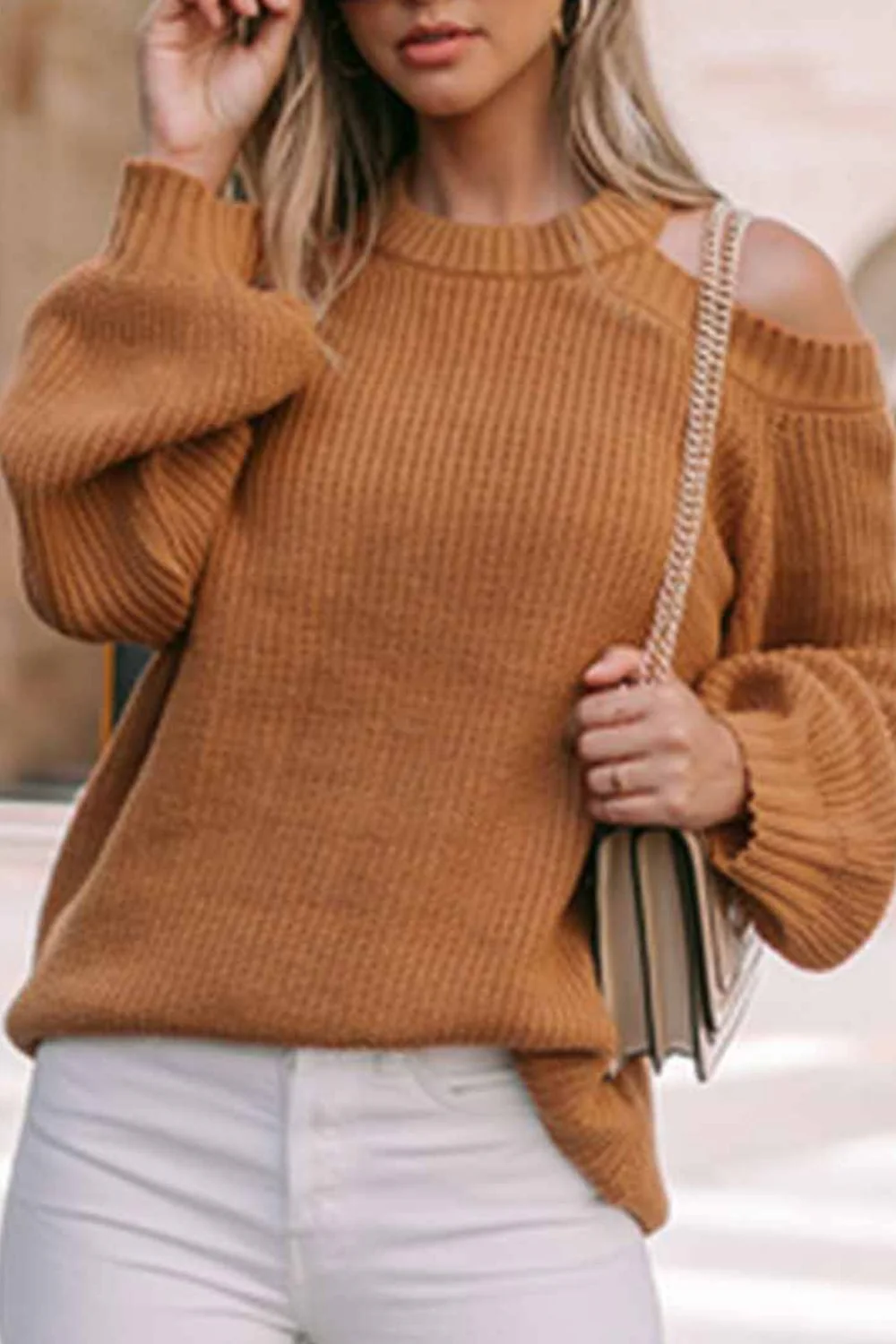 Cutout Back Cold Shoulder Long Sleeve Sweater - Image 7