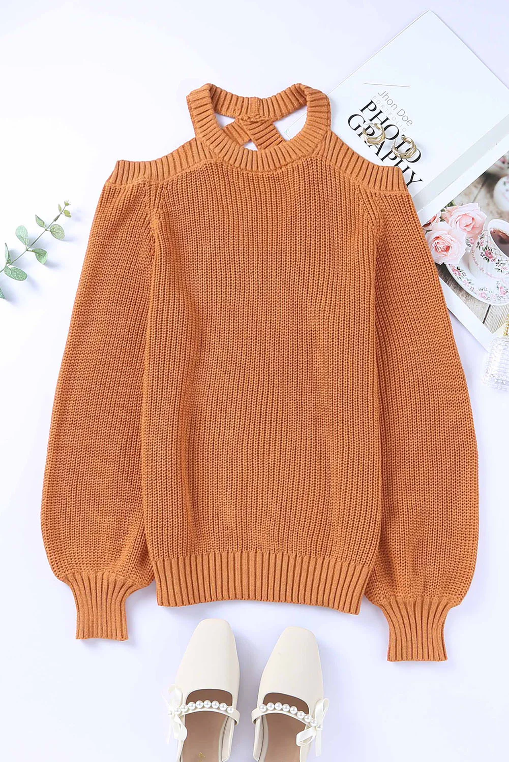 Cutout Back Cold Shoulder Long Sleeve Sweater - Image 9