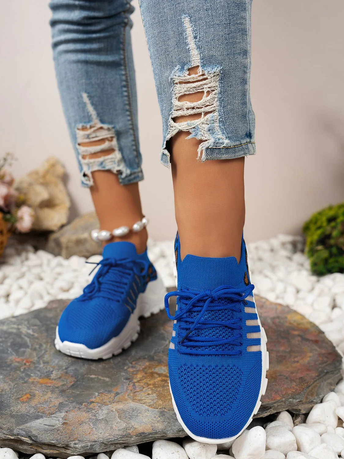Cutout Leopard Lace Up Mesh Athletic Sneakers - Image 5
