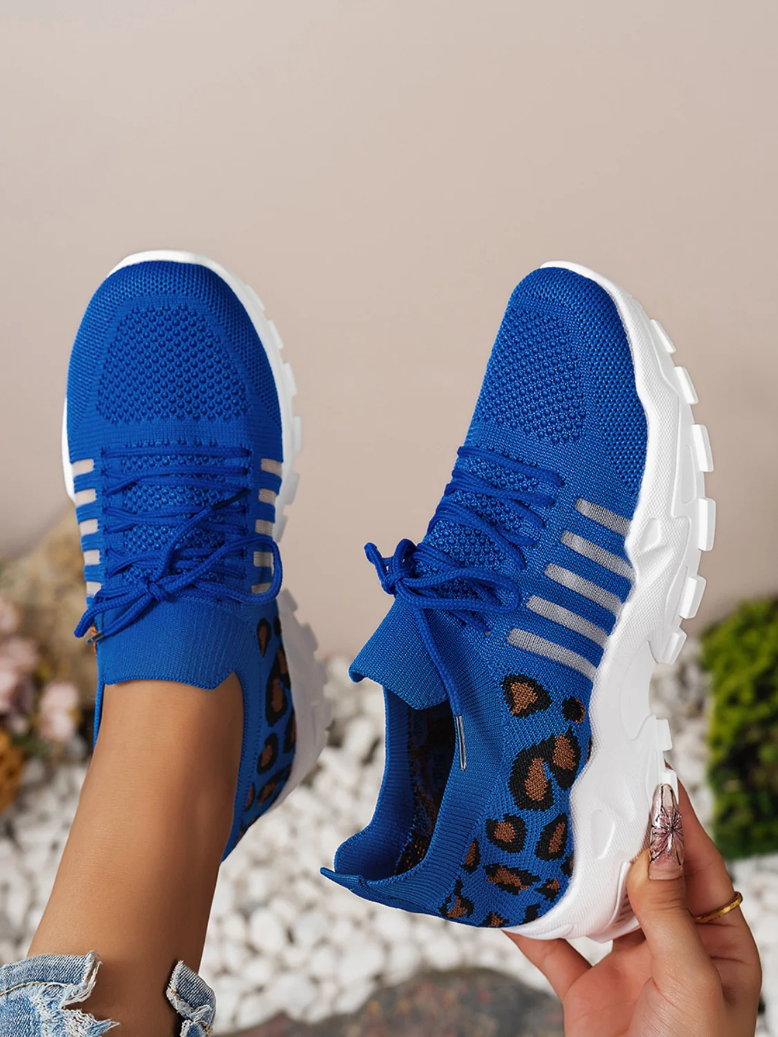 Cutout Leopard Lace Up Mesh Athletic Sneakers - Image 6