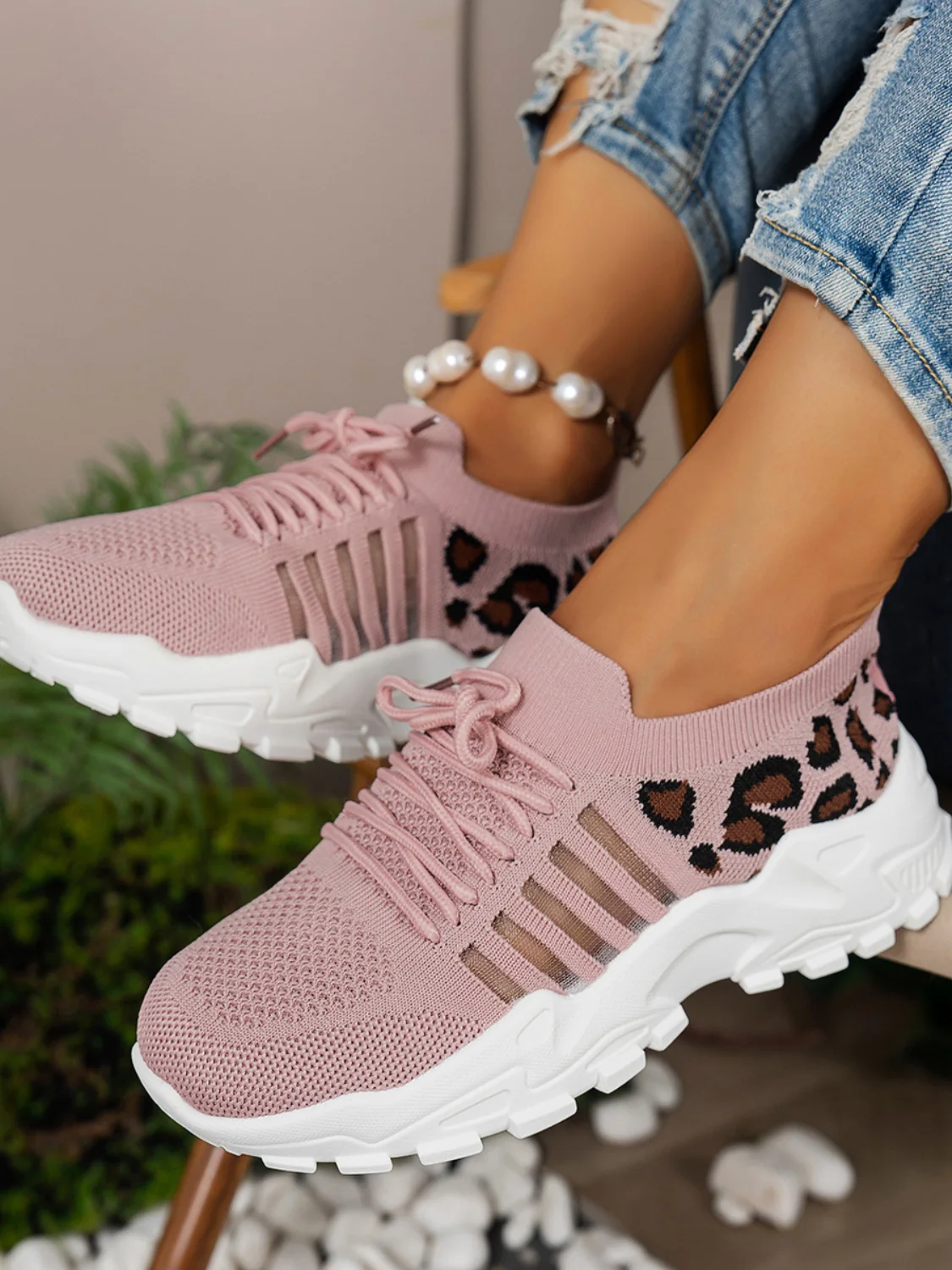 Cutout Leopard Lace Up Mesh Athletic Sneakers - Image 7