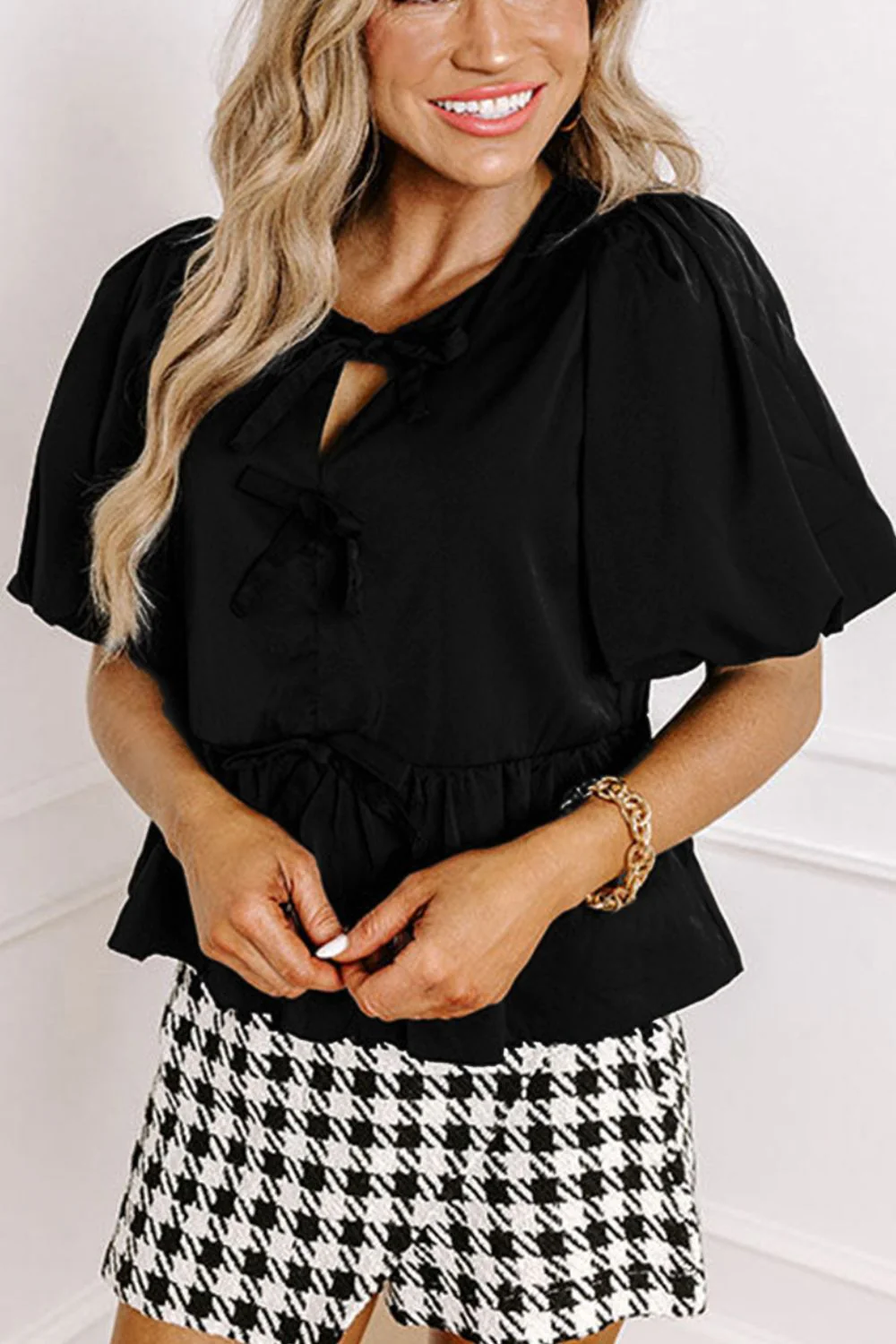 Cutout Round Neck Puff Sleeve Blouse - Image 4
