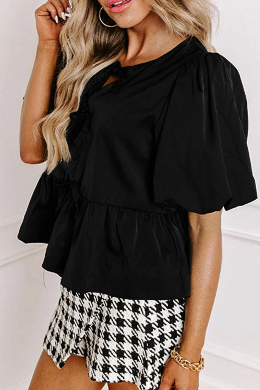 Cutout Round Neck Puff Sleeve Blouse - Image 5