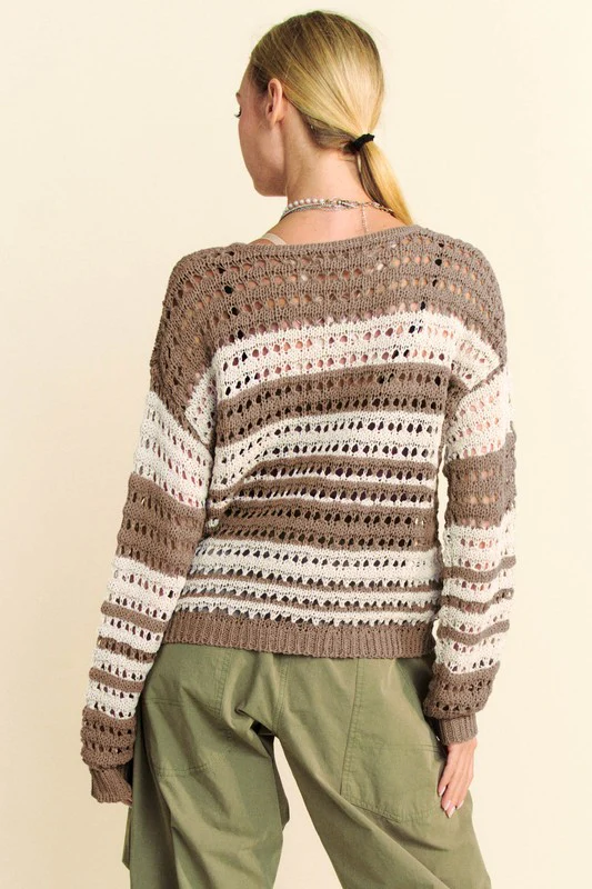 Davi & Dani Contrast Striped Crochet Drop Shoulder Knit Cover Up - Image 2