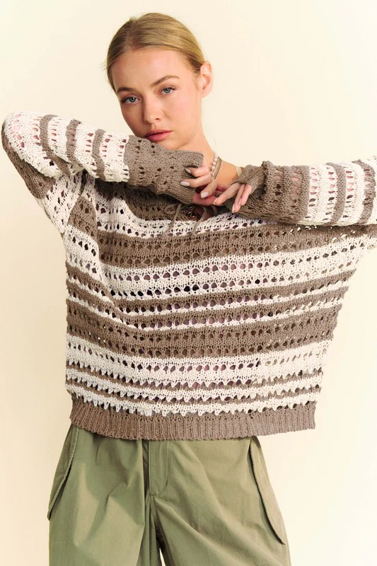 Davi & Dani Contrast Striped Crochet Drop Shoulder Knit Cover Up - Image 4