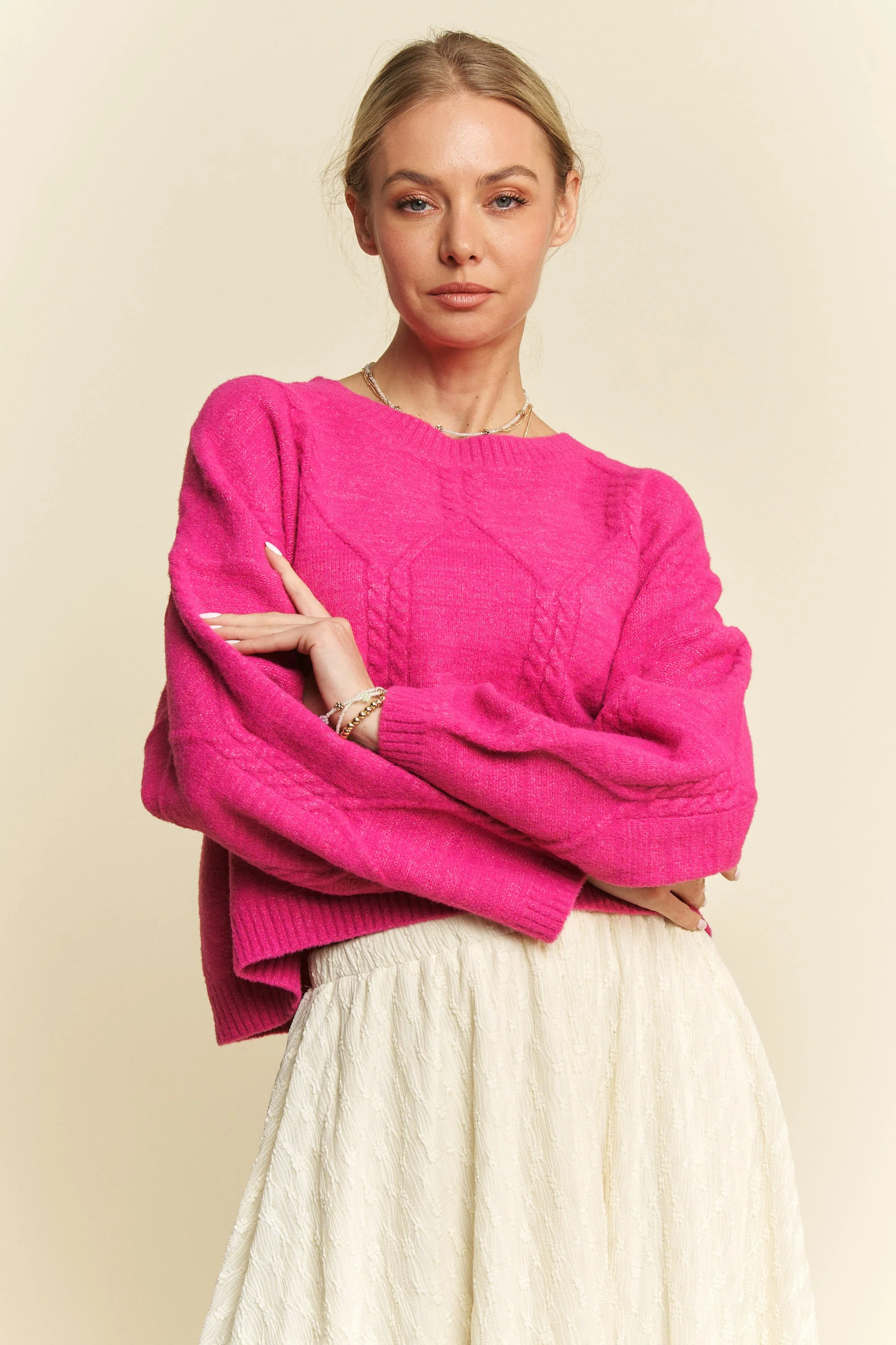 Davi & Dani Diamond Cable Pattern Drop Shoulder Sweater - Image 2