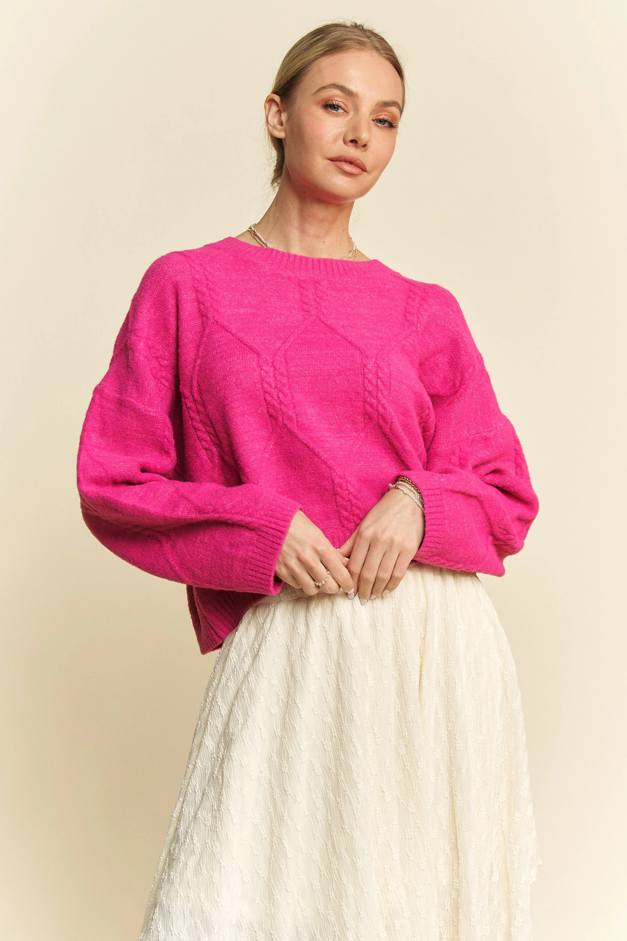 Davi & Dani Diamond Cable Pattern Drop Shoulder Sweater - Image 3