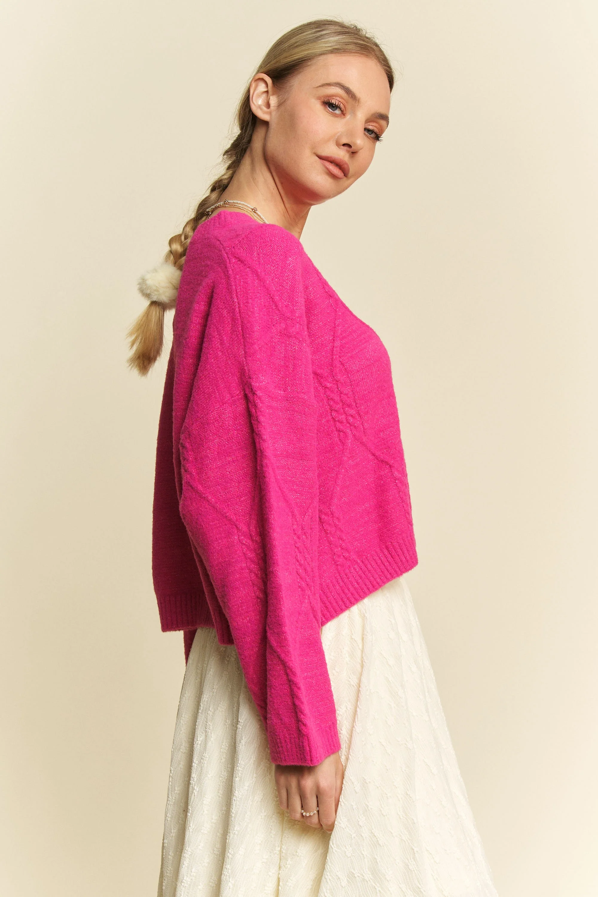 Davi & Dani Diamond Cable Pattern Drop Shoulder Sweater - Image 4