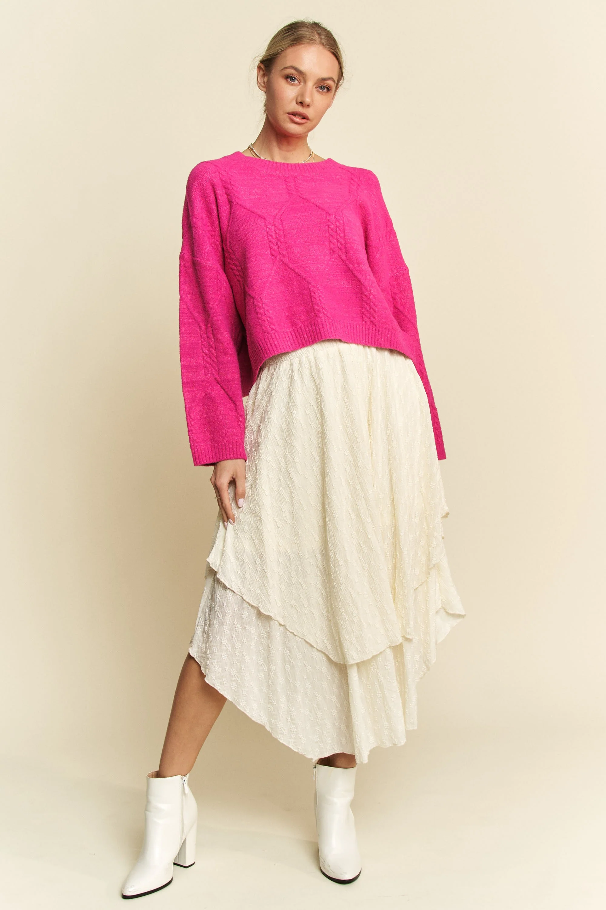 Davi & Dani Diamond Cable Pattern Drop Shoulder Sweater - Image 8