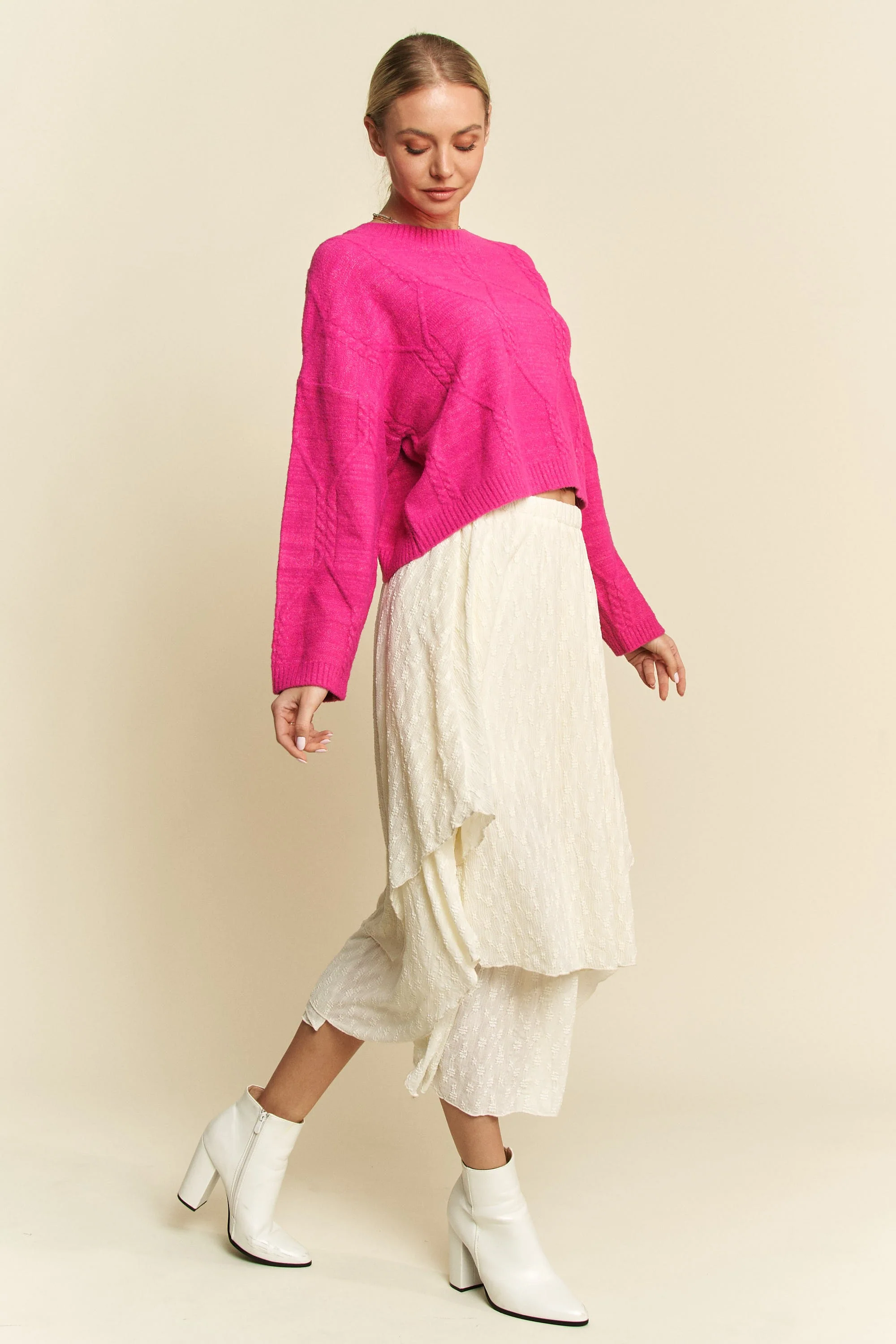 Davi & Dani Diamond Cable Pattern Drop Shoulder Sweater - Image 9