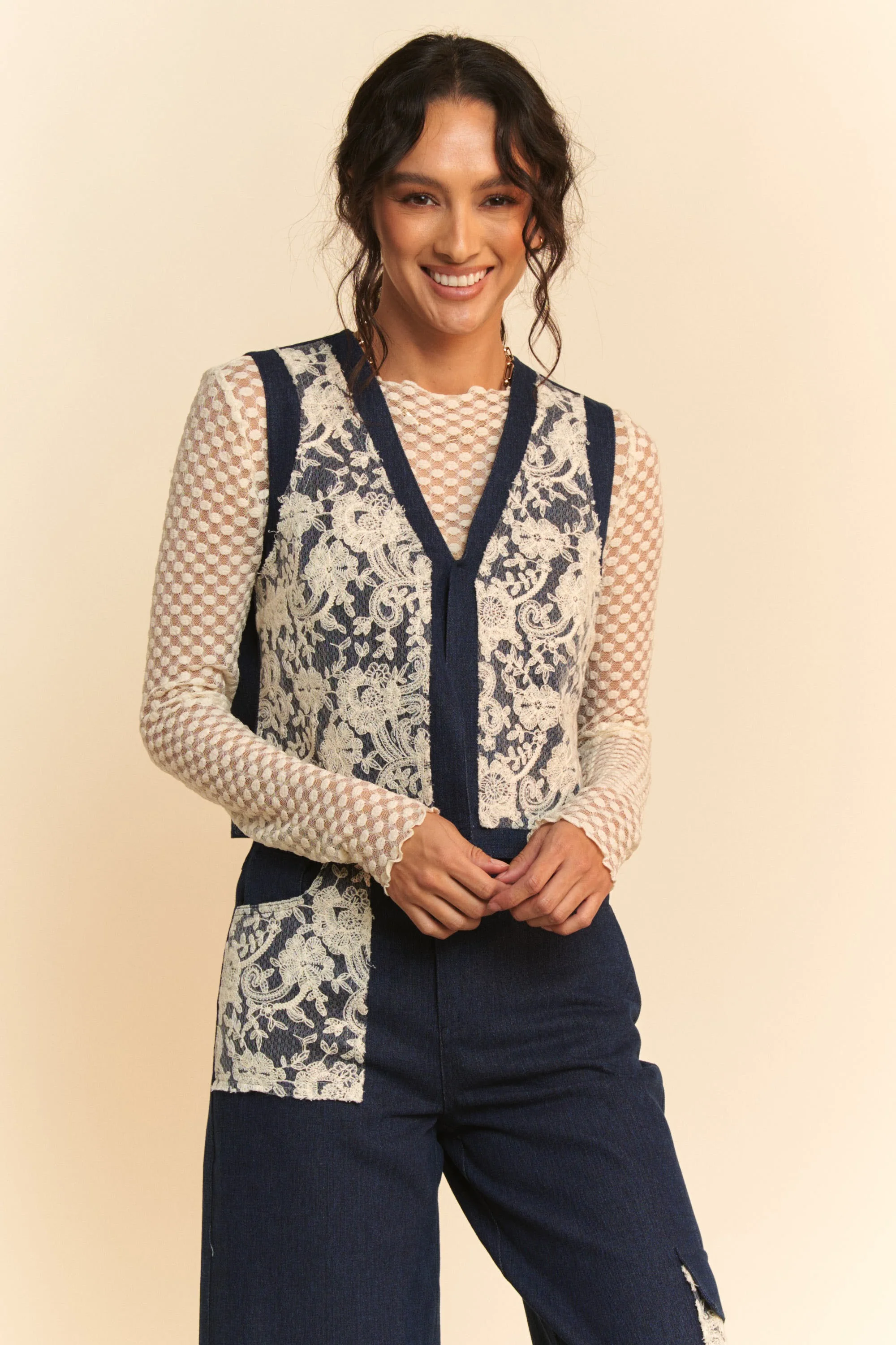 Davi & Dani Lace Patch Open Front Denim Vest - Image 5