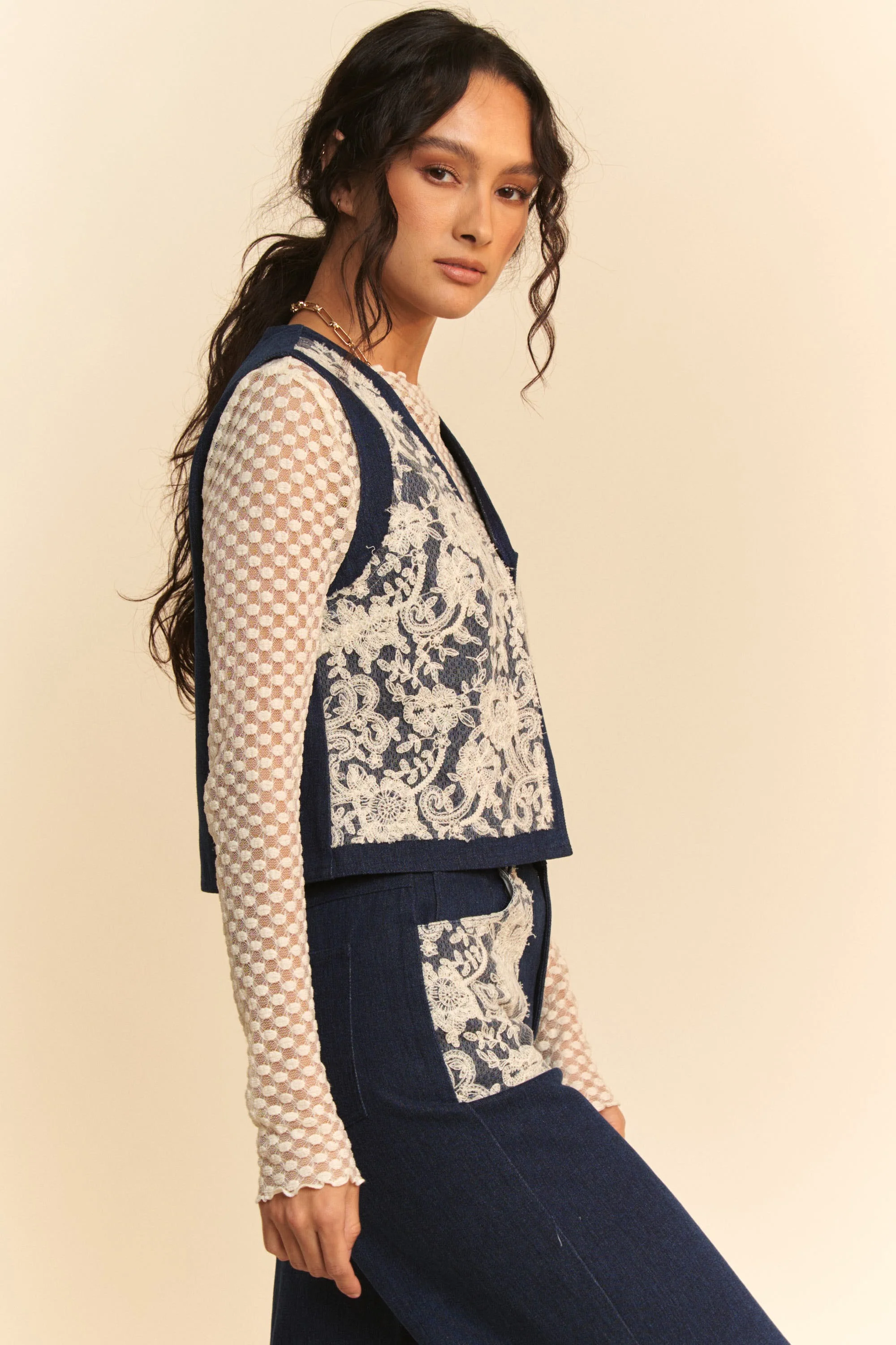 Davi & Dani Lace Patch Open Front Denim Vest - Image 7