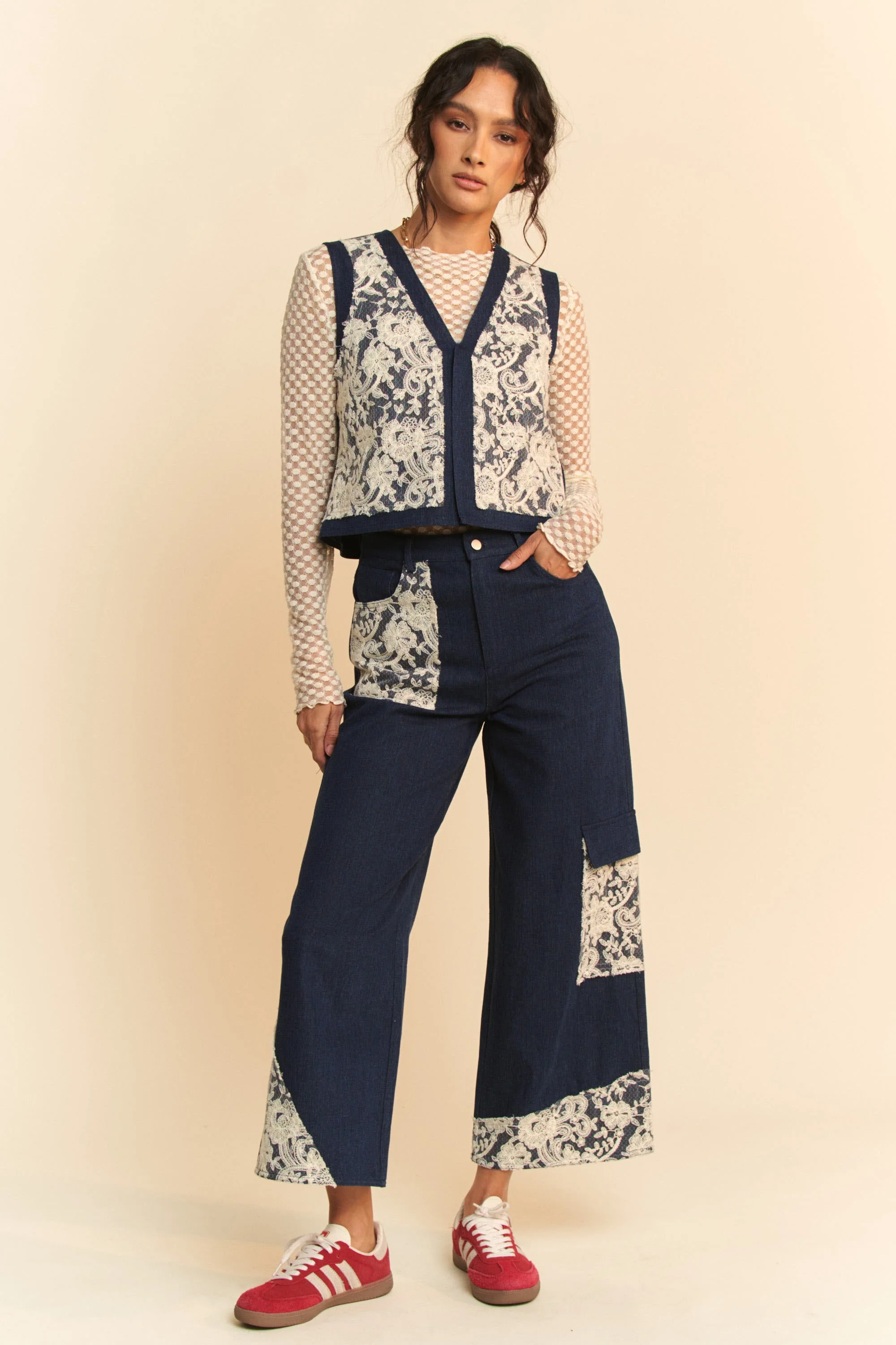 Davi & Dani Lace Patch Open Front Denim Vest - Image 8