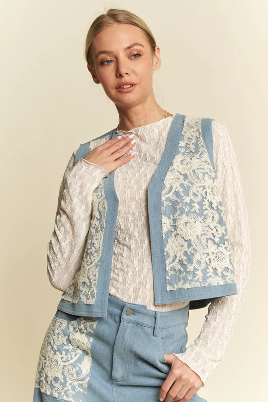 Davi & Dani Lace Patch Open Front Denim Vest - Image 5