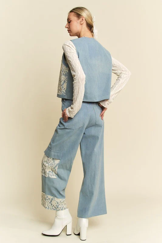 Davi & Dani Lace Patch Open Front Denim Vest - Image 7