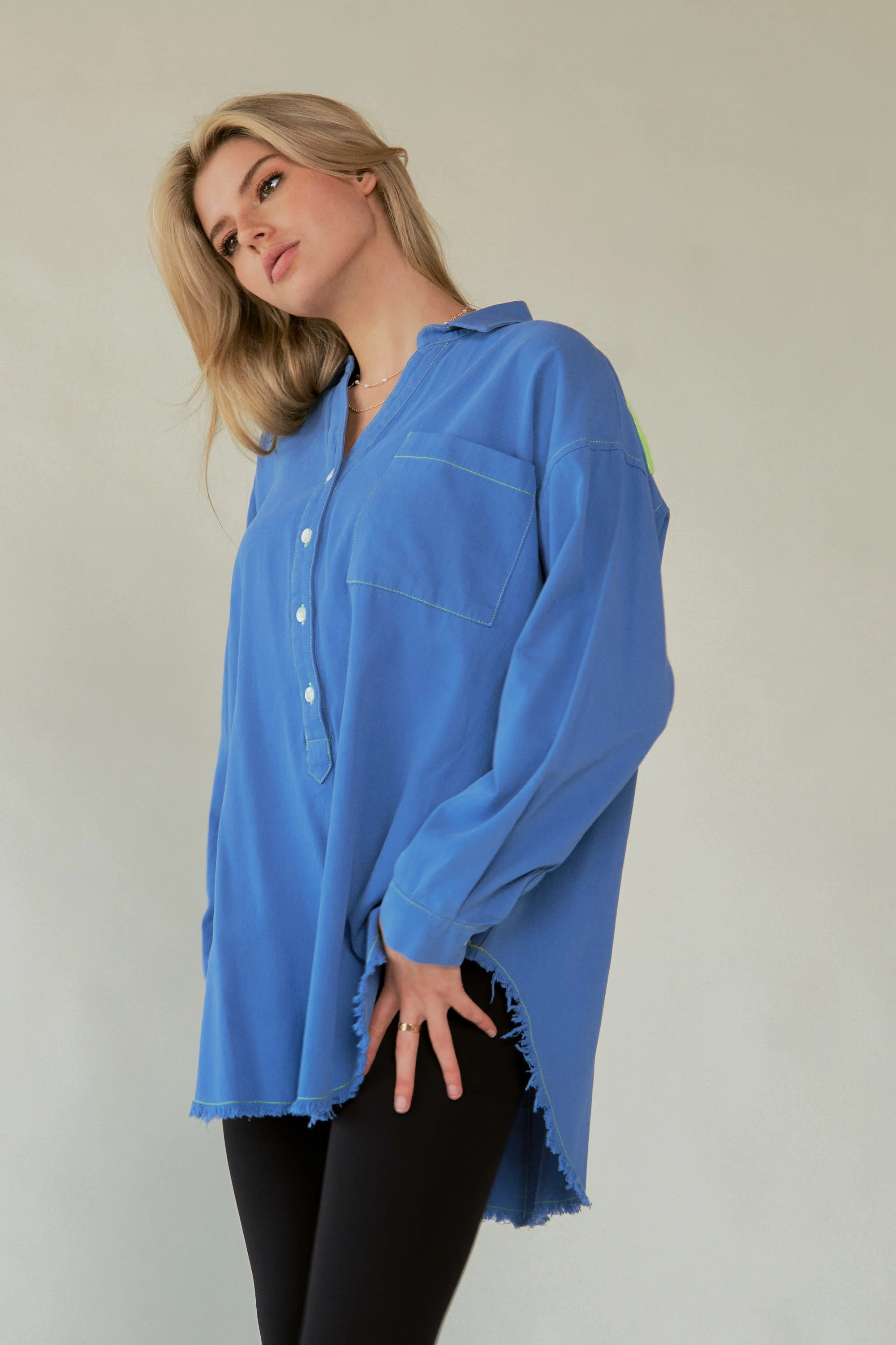 Davi & Dani Letter Back Raw Hem Half Button Shirt - Image 10
