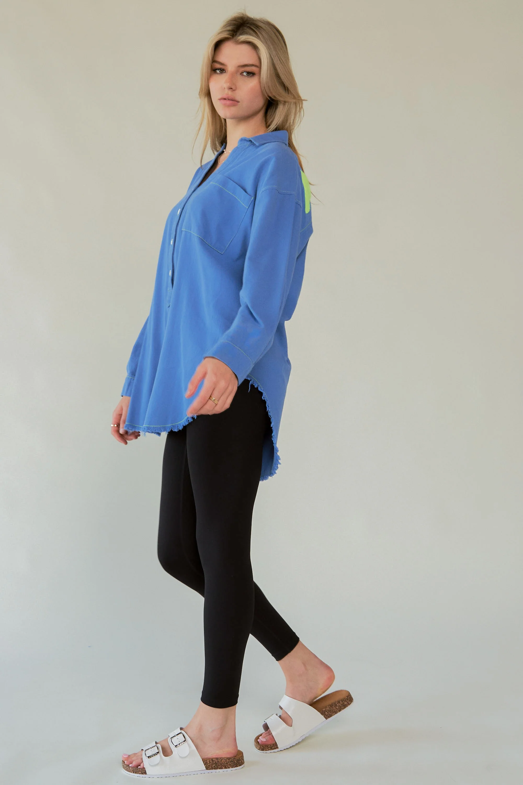 Davi & Dani Letter Back Raw Hem Half Button Shirt - Image 2
