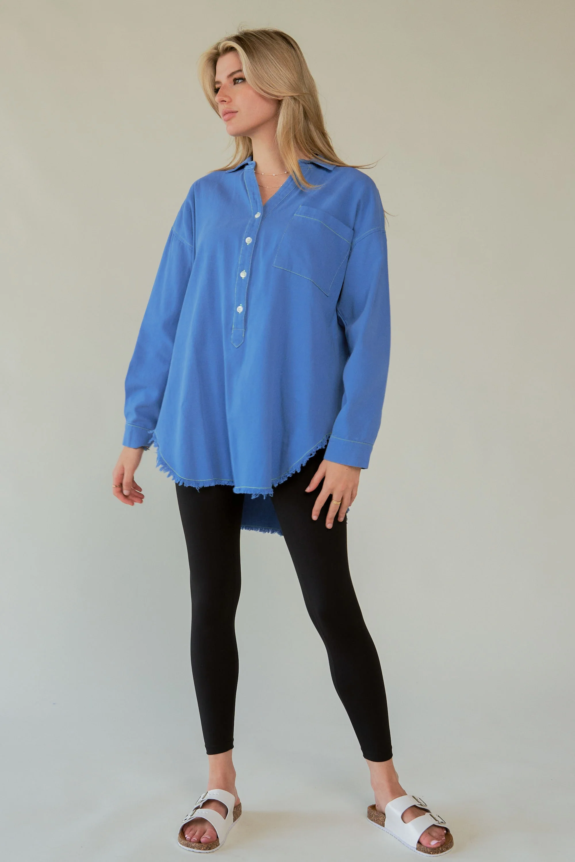 Davi & Dani Letter Back Raw Hem Half Button Shirt - Image 3