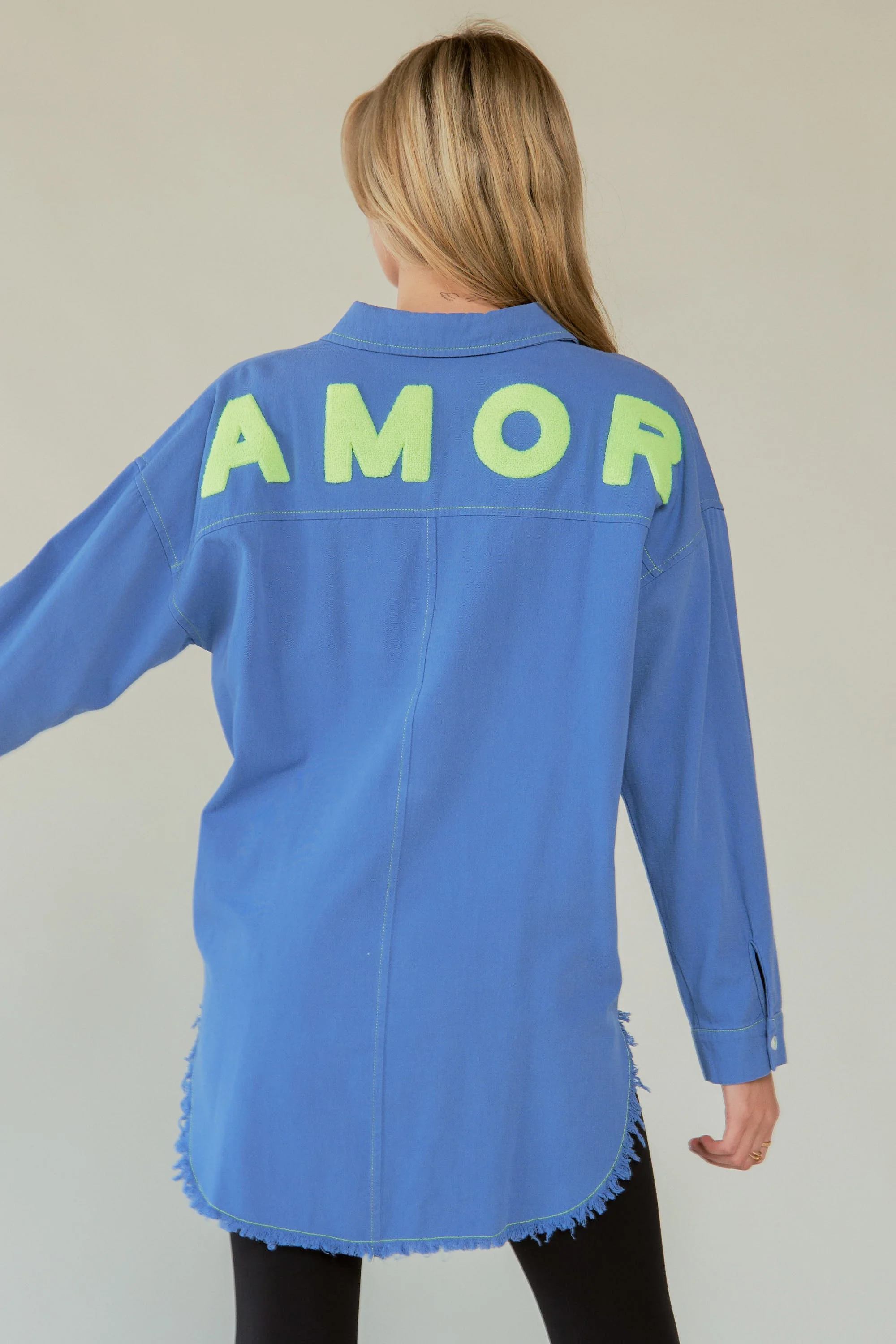 Davi & Dani Letter Back Raw Hem Half Button Shirt - Image 4