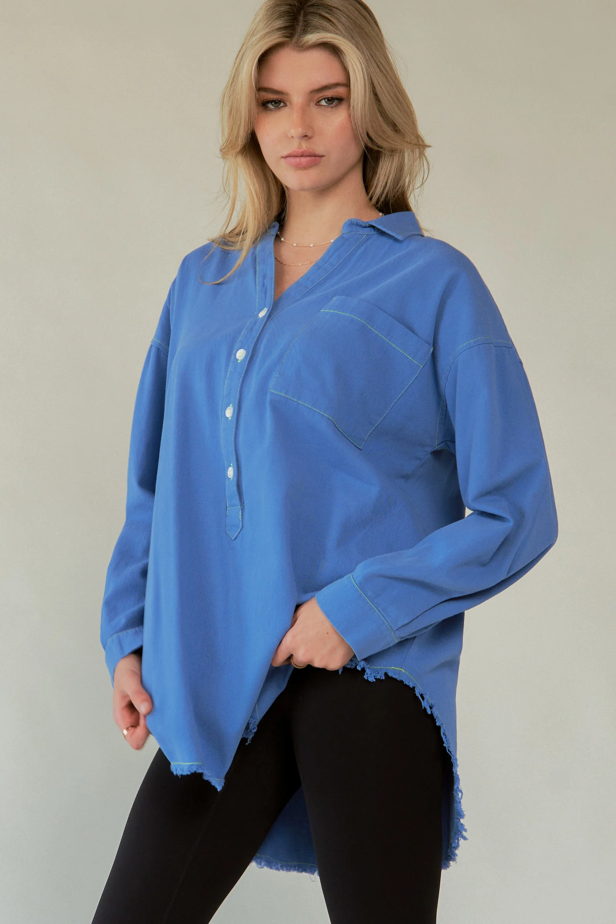 Davi & Dani Letter Back Raw Hem Half Button Shirt - Image 6