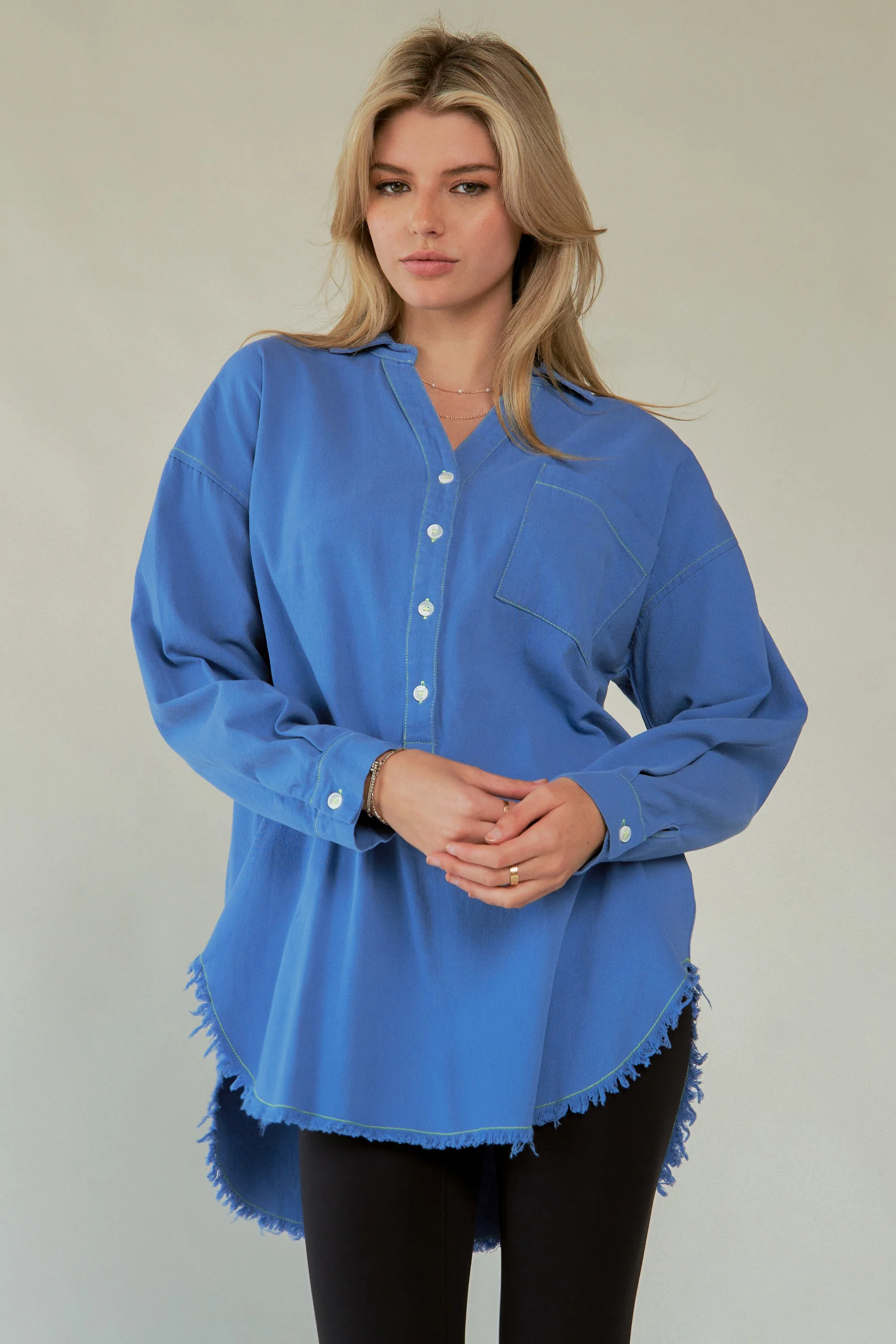 Davi & Dani Letter Back Raw Hem Half Button Shirt - Image 7