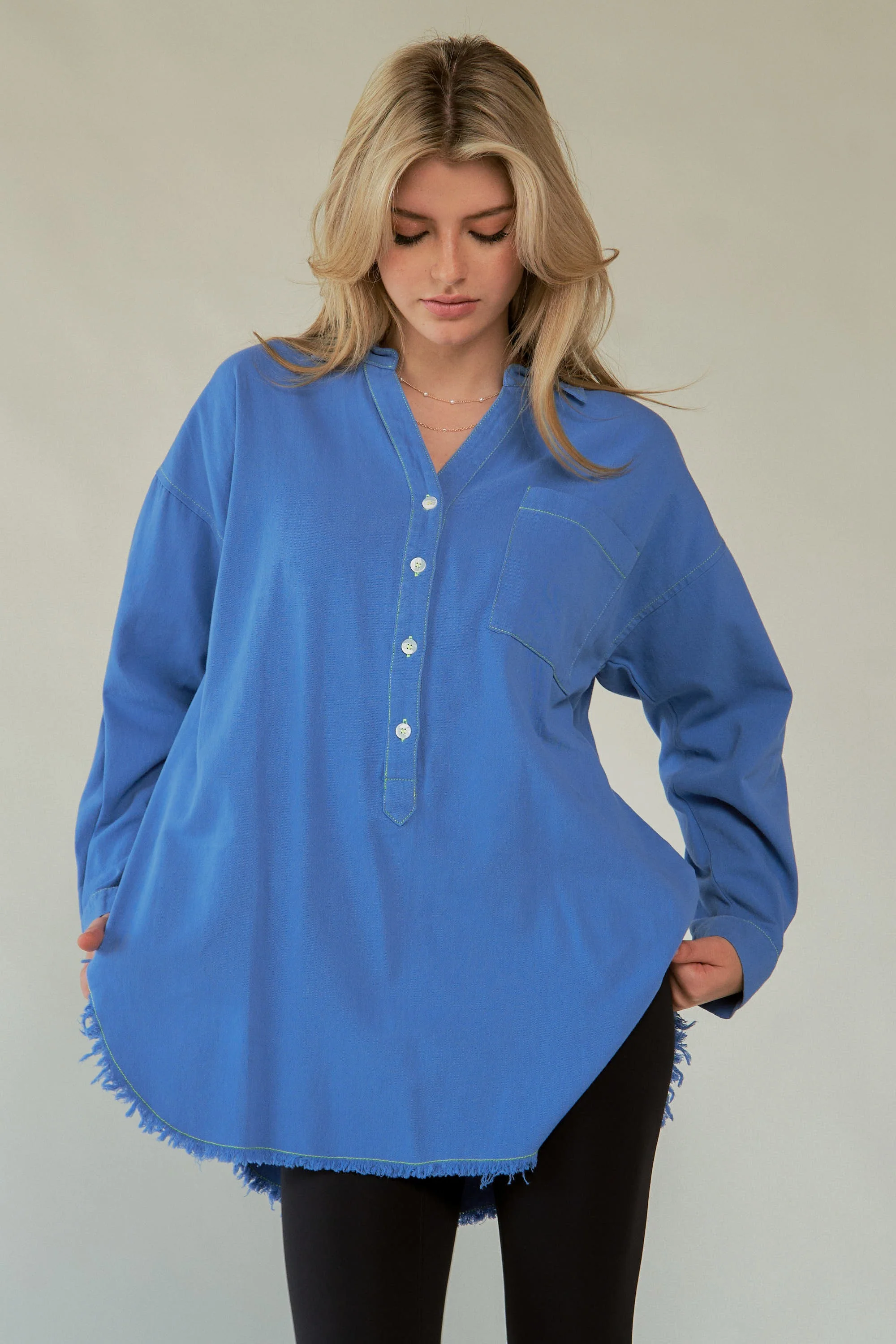 Davi & Dani Letter Back Raw Hem Half Button Shirt - Image 8