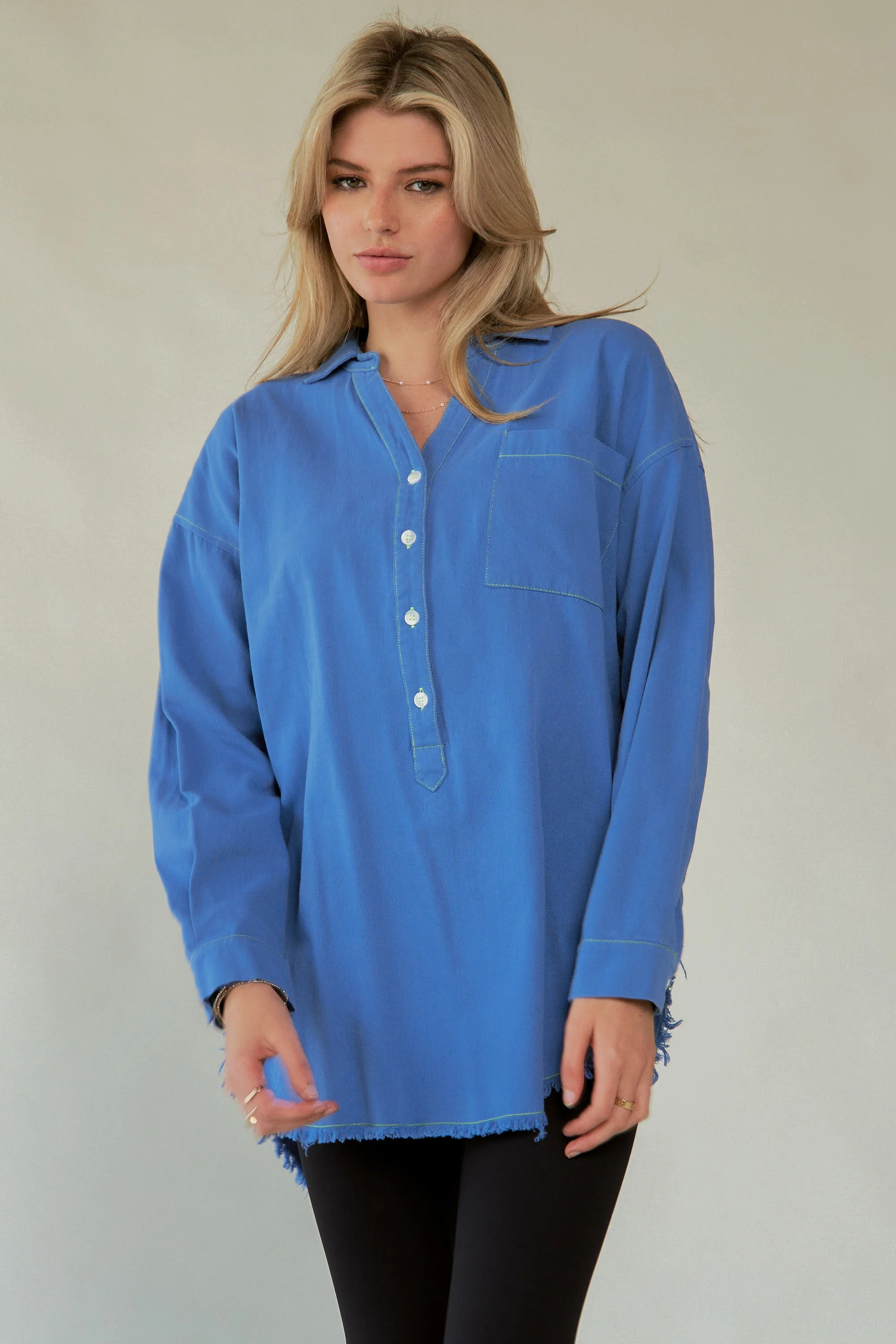 Davi & Dani Letter Back Raw Hem Half Button Shirt - Image 9