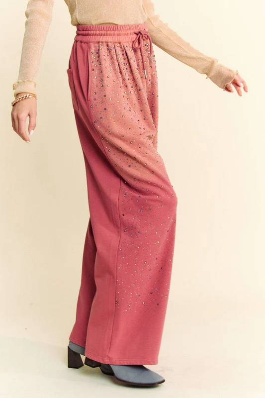 Davi & Dani Rhinestone Drawstring Wide Leg Pants - Image 3