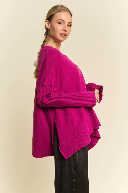 Davi & Dani Ribbed Side Slit V-Neck Sweater - Image 3