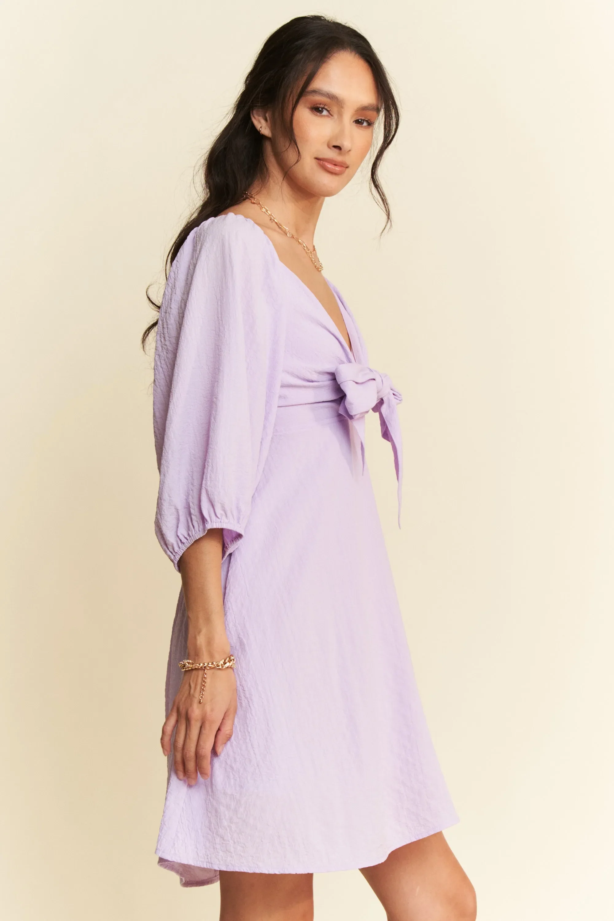 Davi & Dani Self-Tie Puff Sleeve Smocking Open Back Mini Dress - Image 4