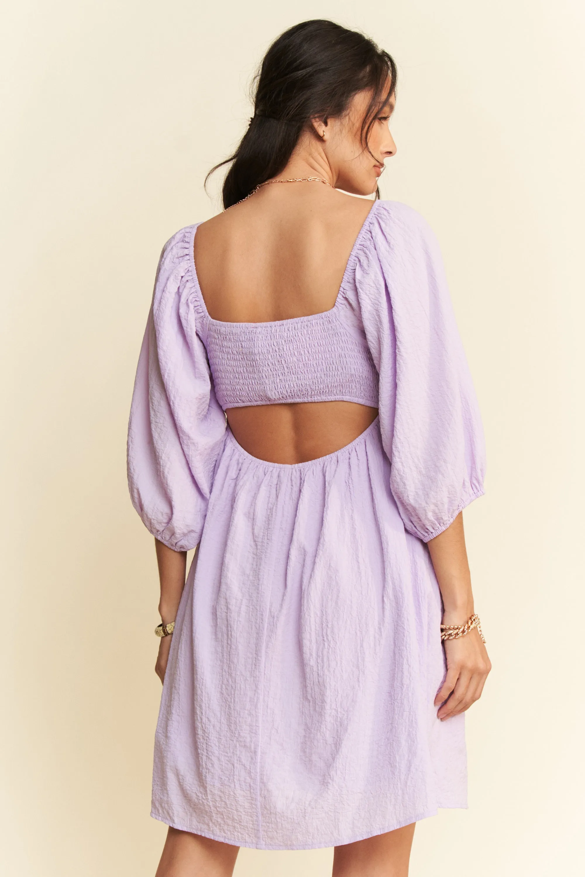 Davi & Dani Self-Tie Puff Sleeve Smocking Open Back Mini Dress - Image 5