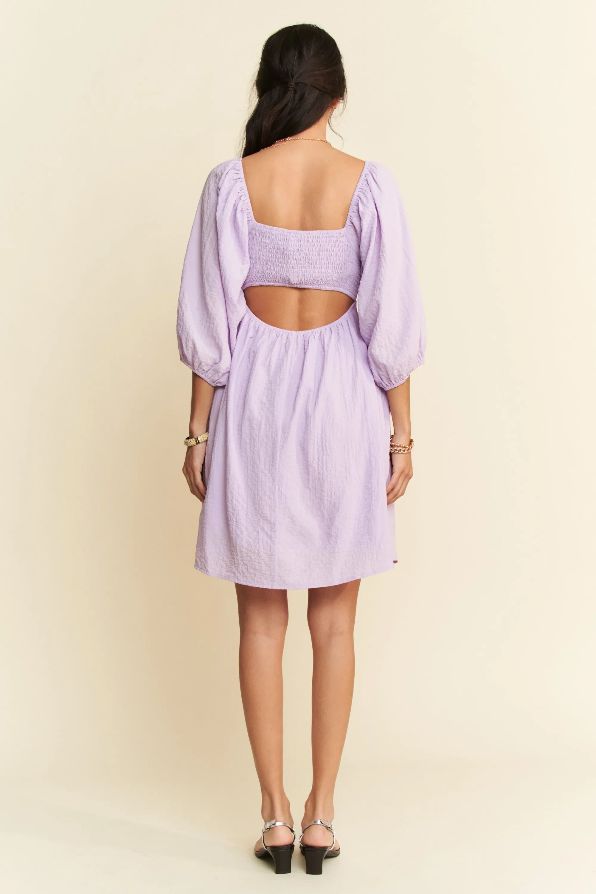 Davi & Dani Self-Tie Puff Sleeve Smocking Open Back Mini Dress - Image 7