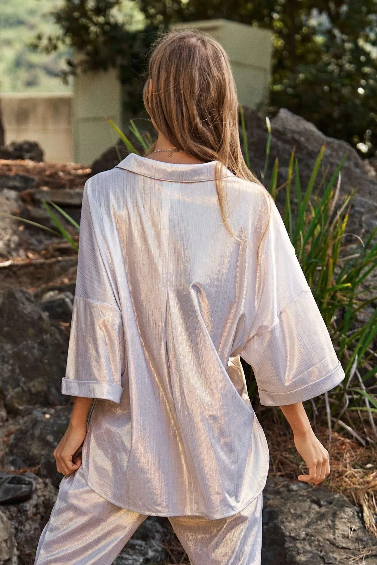 Davi & Dani Solid Sparkling Shimmer Pocket Button Front Shirt - Image 7