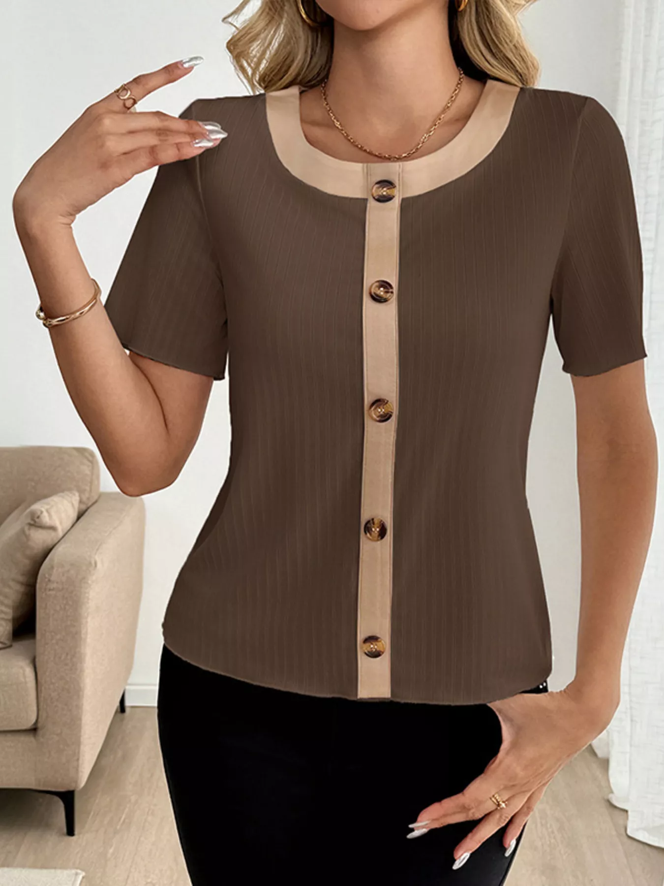 Decor Button Round Neck Short Sleeve Blouse - Image 10