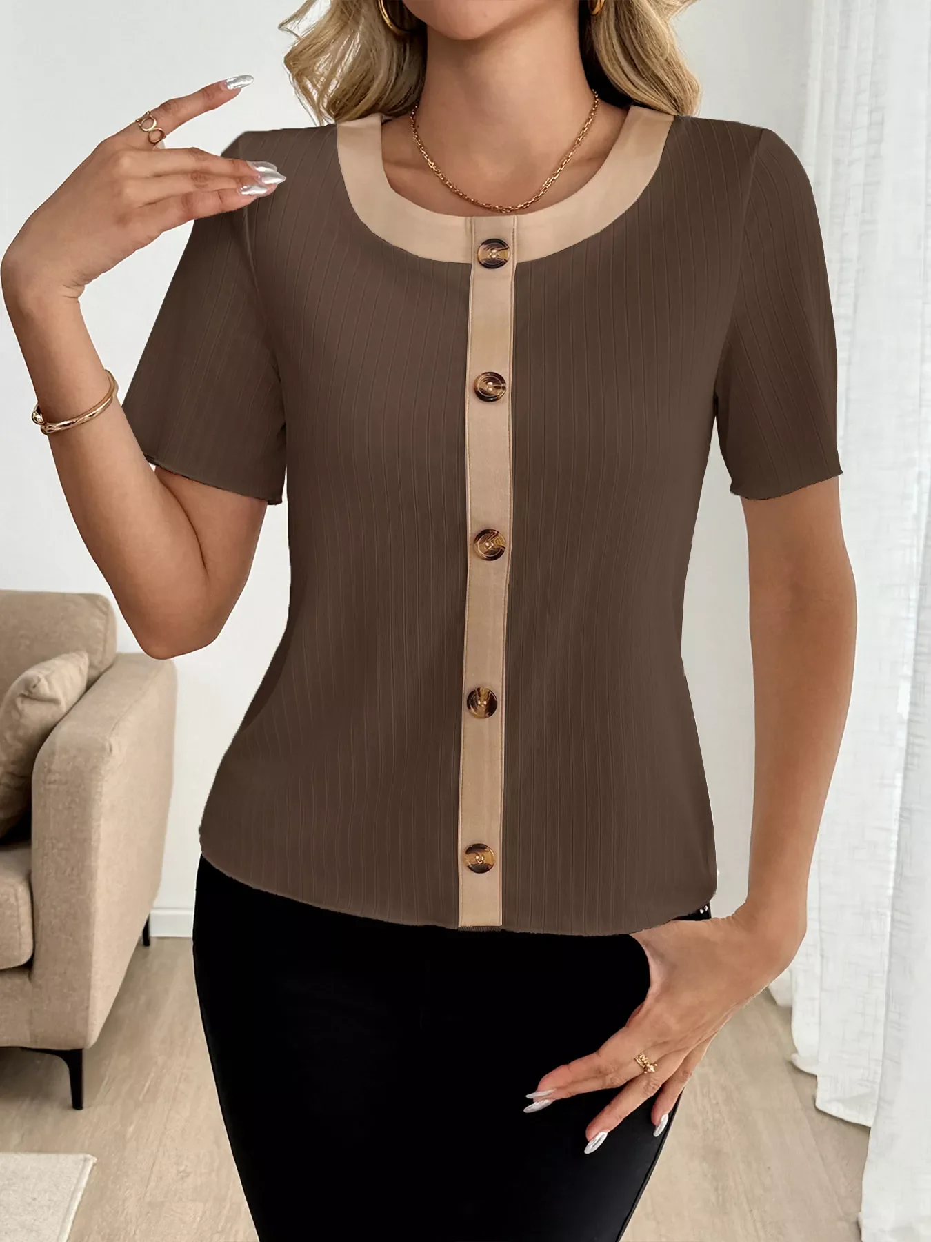 Decor Button Round Neck Short Sleeve Blouse - Image 14