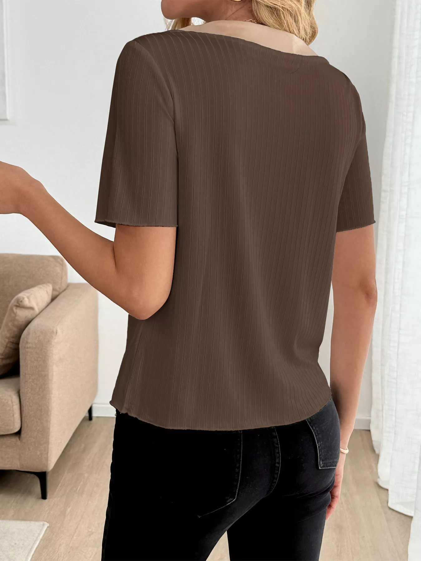 Decor Button Round Neck Short Sleeve Blouse - Image 15