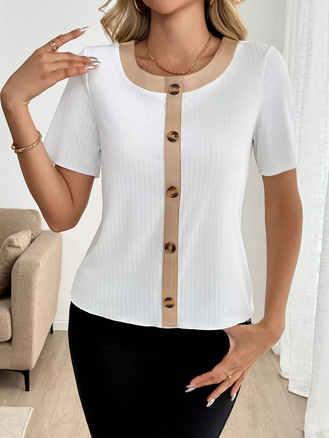 Decor Button Round Neck Short Sleeve Blouse - Image 4