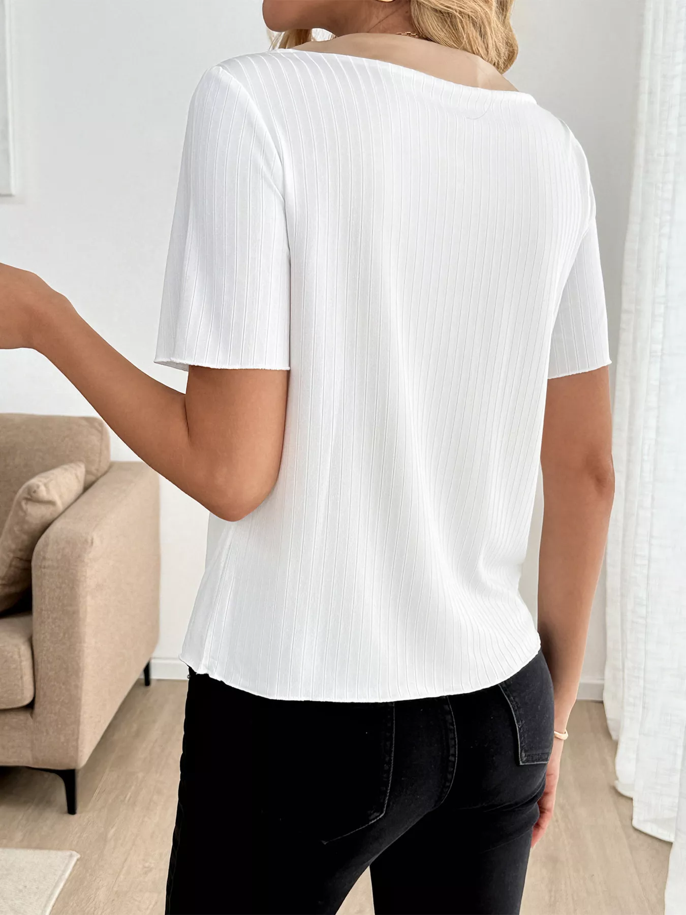 Decor Button Round Neck Short Sleeve Blouse - Image 6