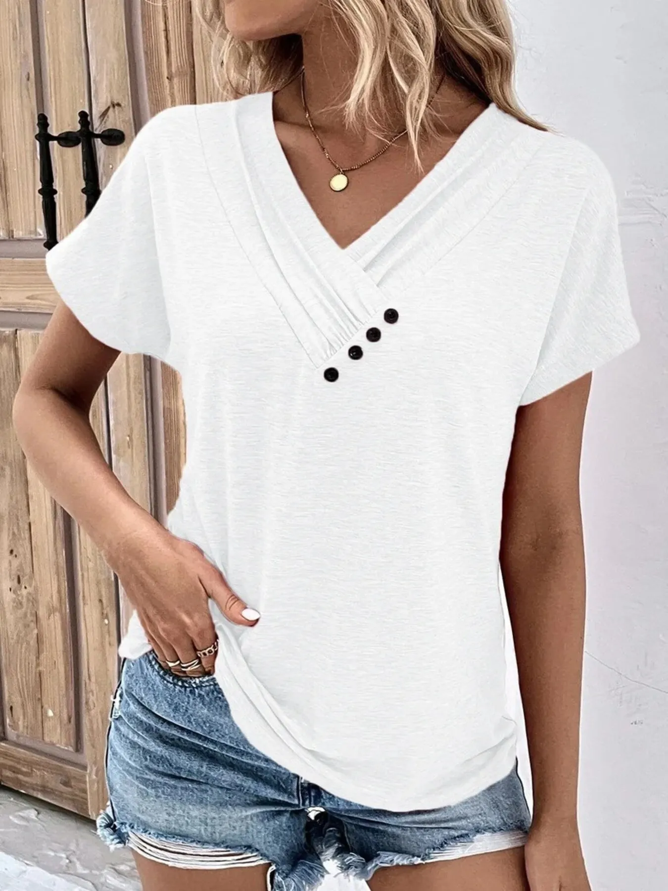 Decor Button Short Sleeve T-Shirt - Image 10