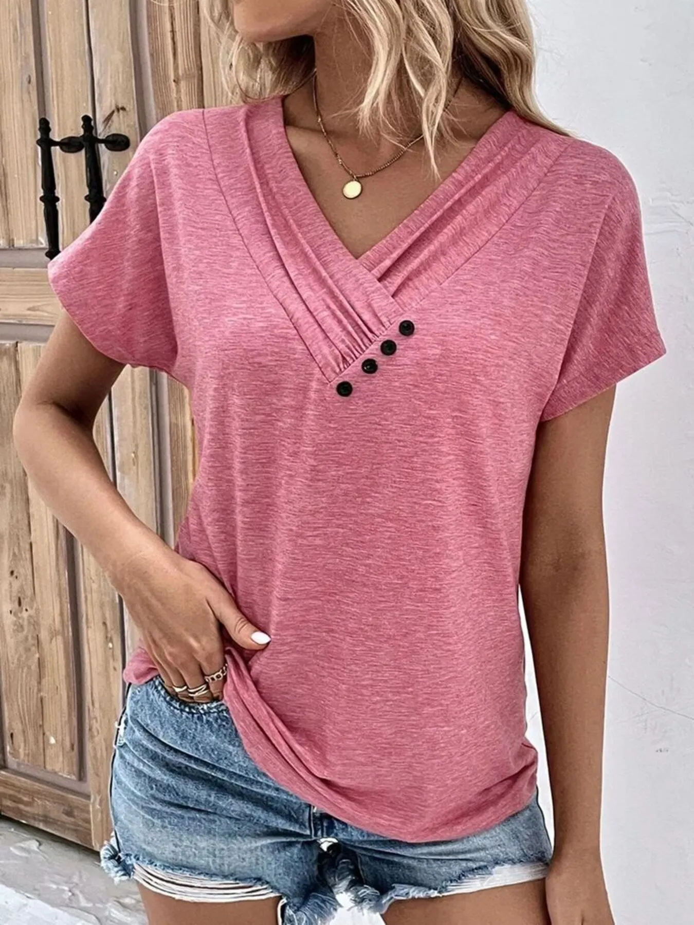 Decor Button Short Sleeve T-Shirt - Image 2