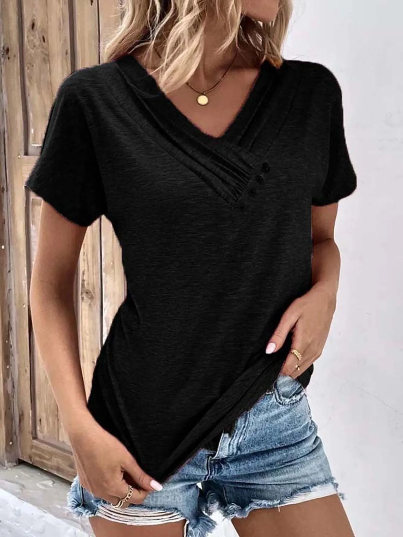 Decor Button Short Sleeve T-Shirt - Image 5
