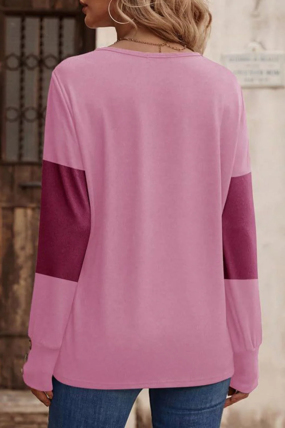 Decorative Button Contrast V-Neck Long Sleeve T-Shirt - Image 11