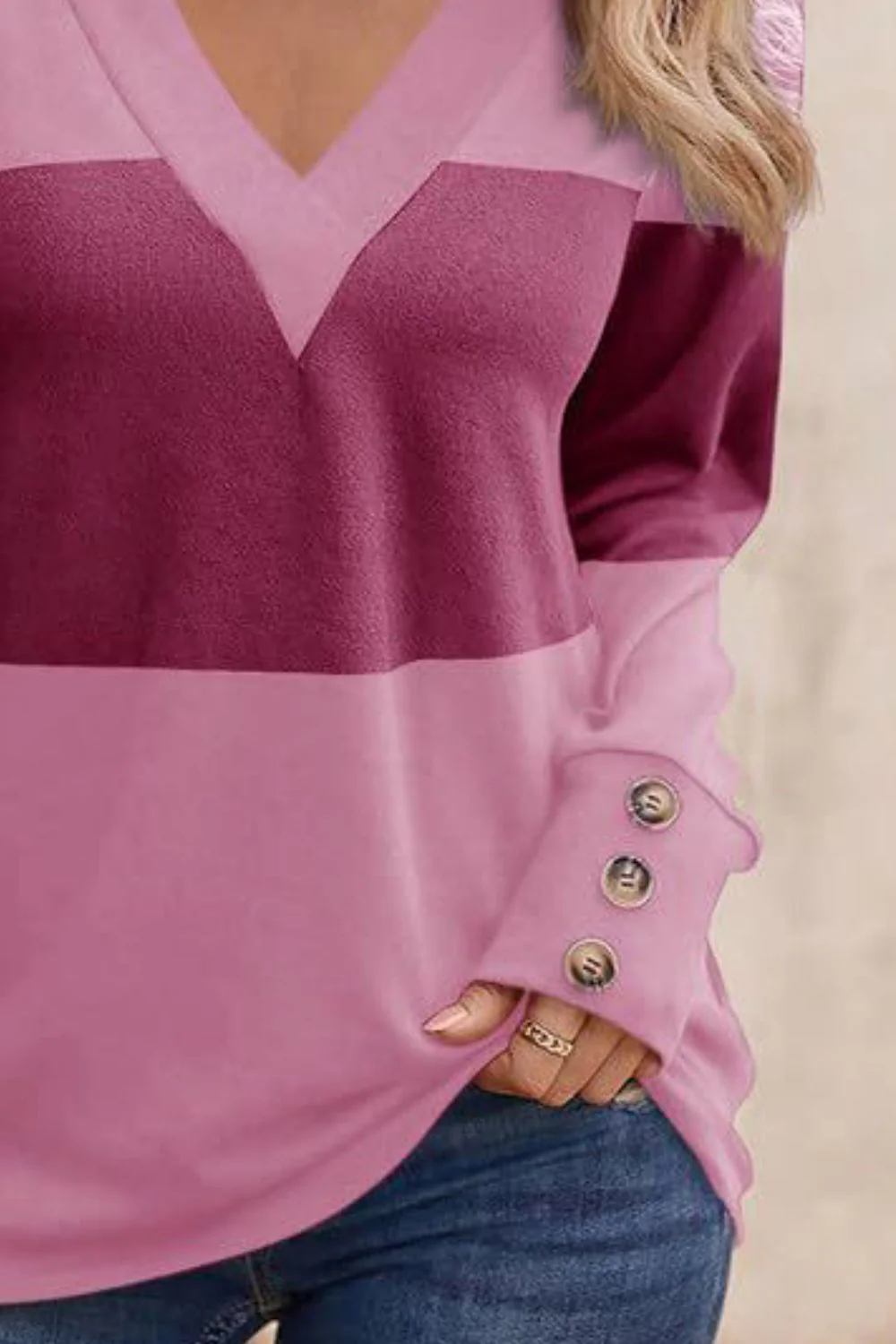 Decorative Button Contrast V-Neck Long Sleeve T-Shirt - Image 12