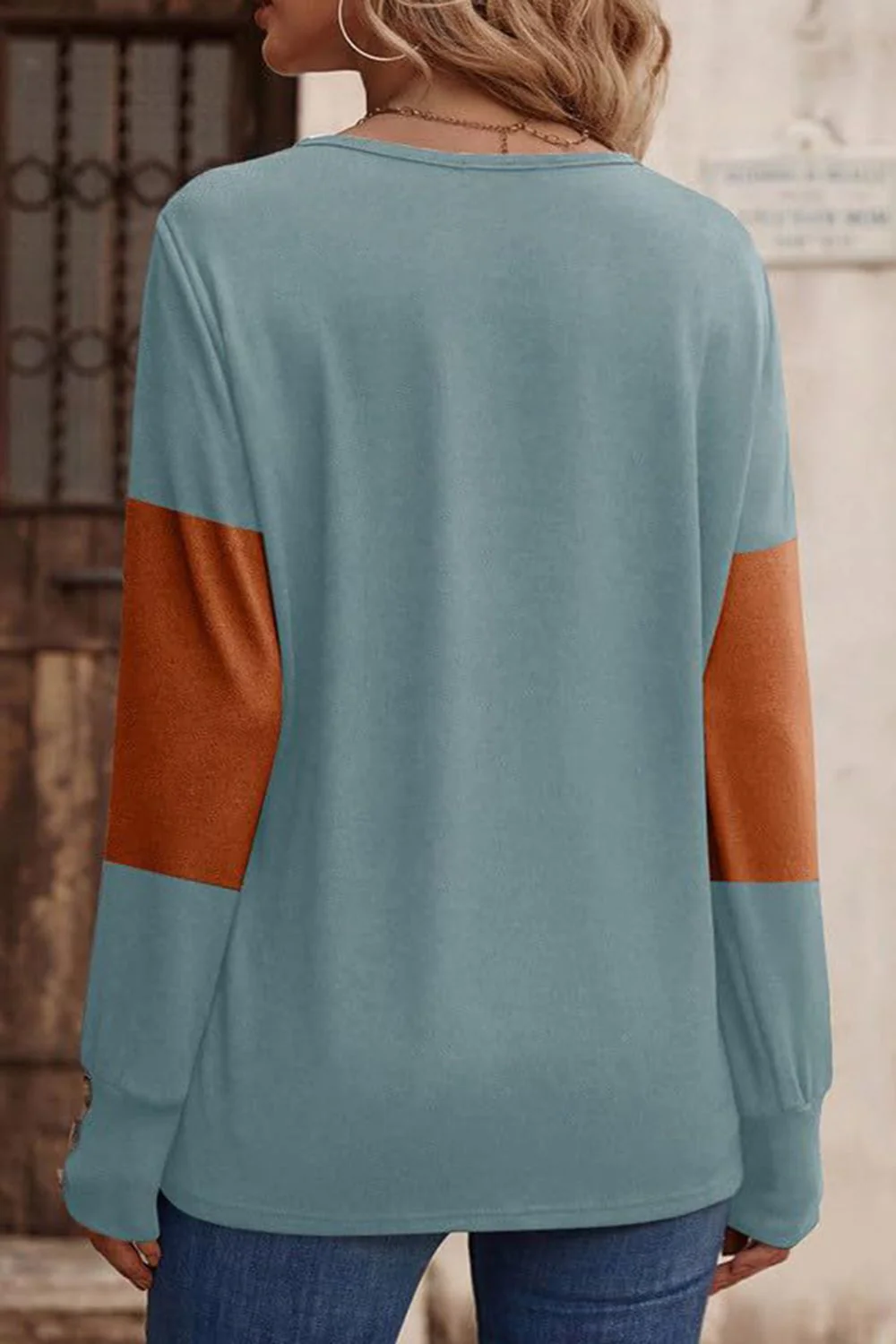 Decorative Button Contrast V-Neck Long Sleeve T-Shirt - Image 14